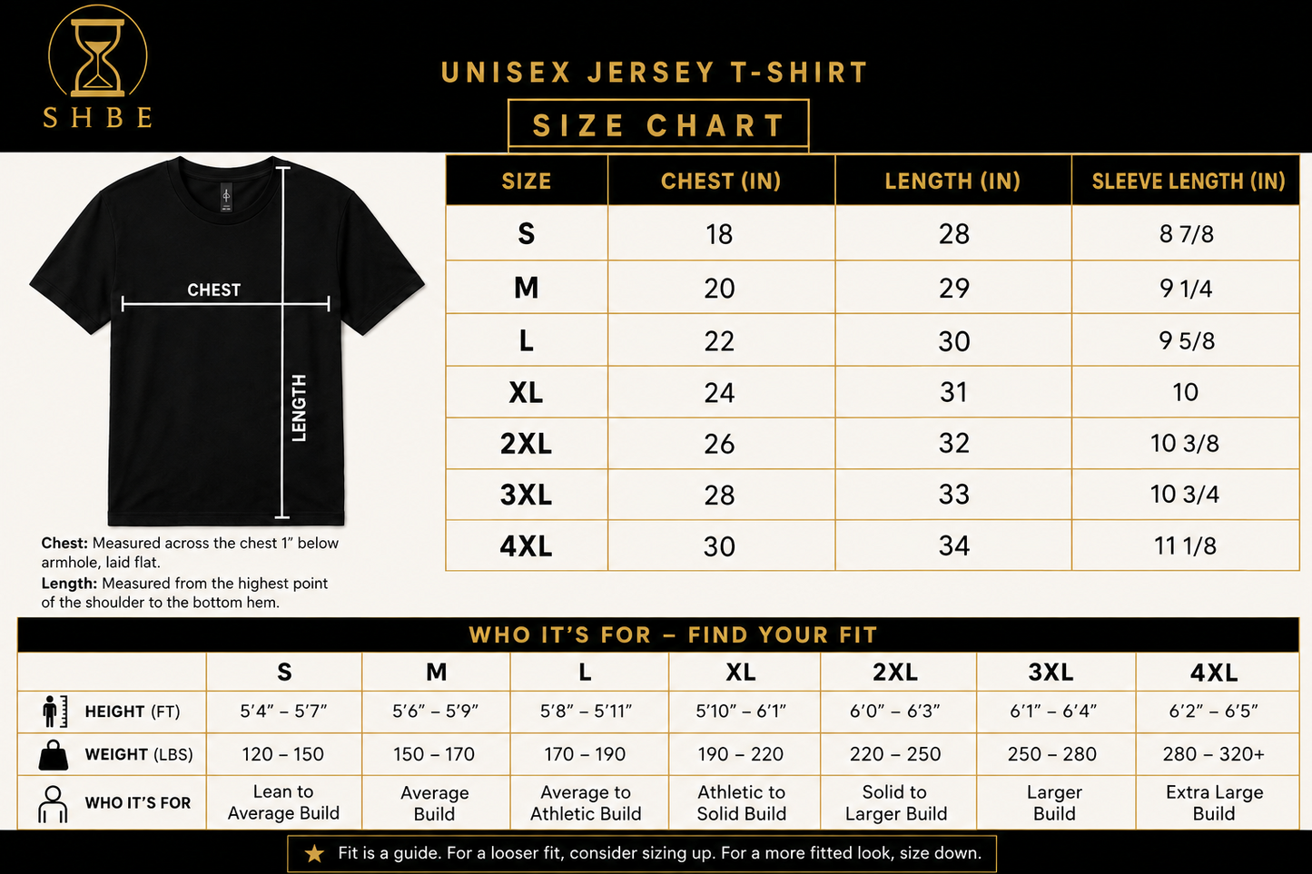 SHBE Unisex Jersey T-Shirt Size Chart