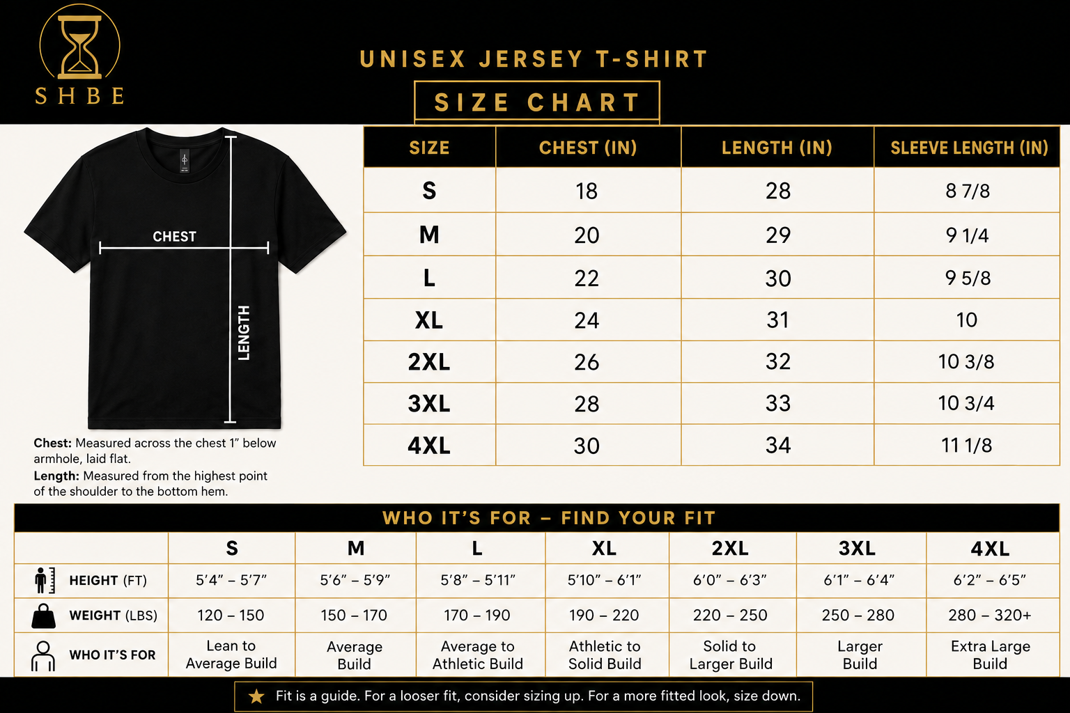 SHBE Unisex Jersey T-Shirt Size Chart