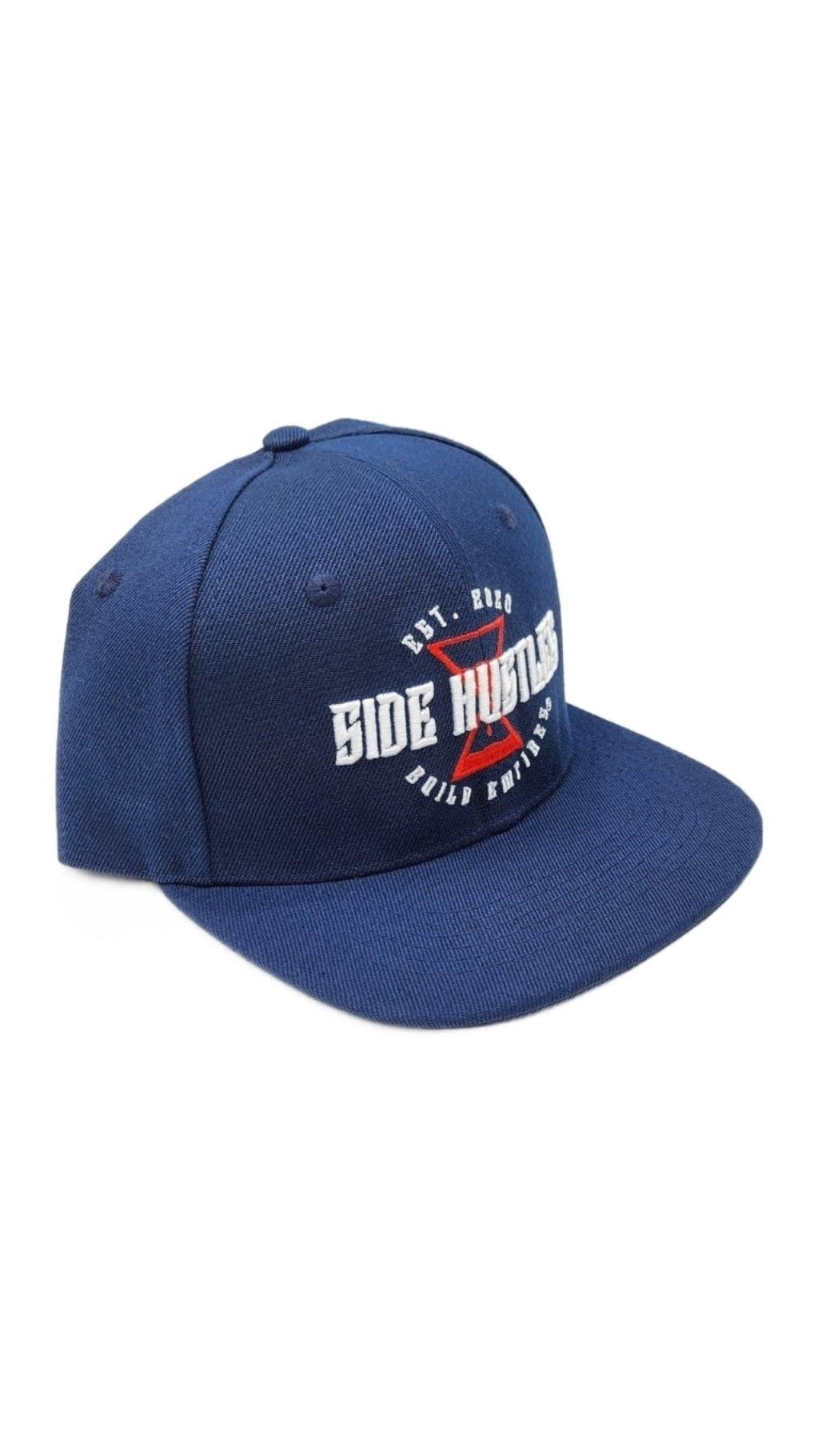 3D Hourglass Snapback navy blue 3d embroidered print premium materials. Hustler apparel 