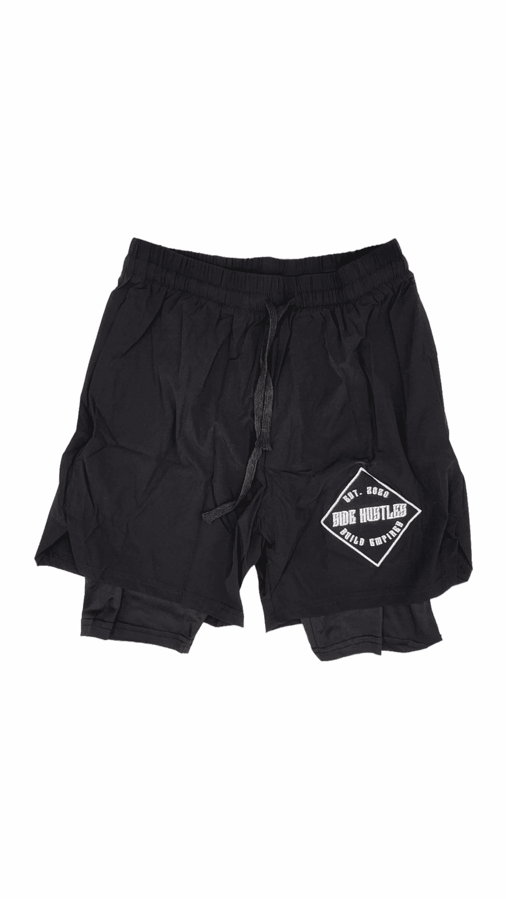 2 in 1 Compression Shorts nylon and compression shorts with an embroidered logo. comfortable and sleek hustle clothing for individuals with active lifestyles.
