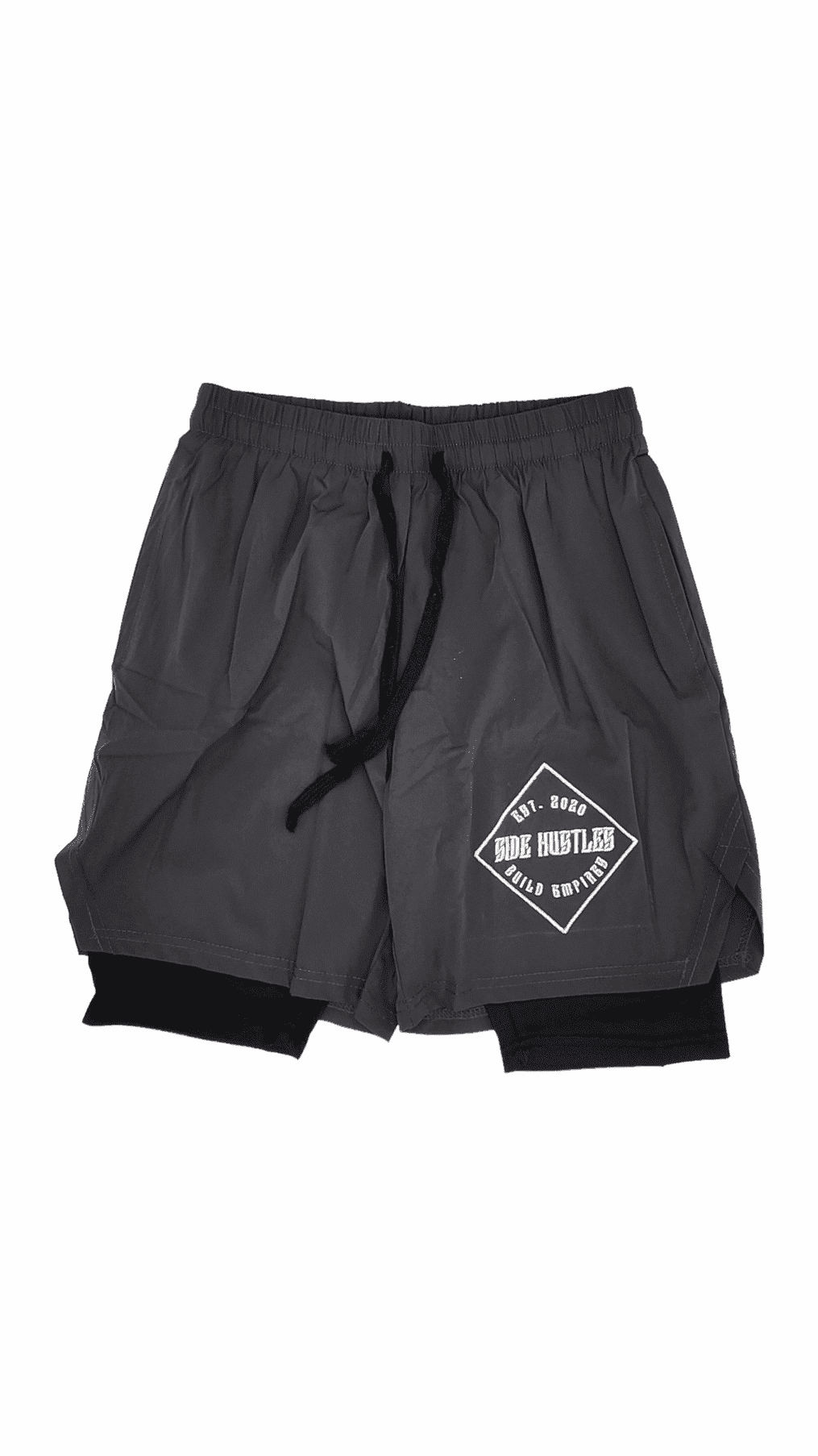 2 in 1 Compression Shorts, grey nylon, and compression shorts with an embroidered logo for active individuals with side hustles. comfortable  and stylish hustle apparel.