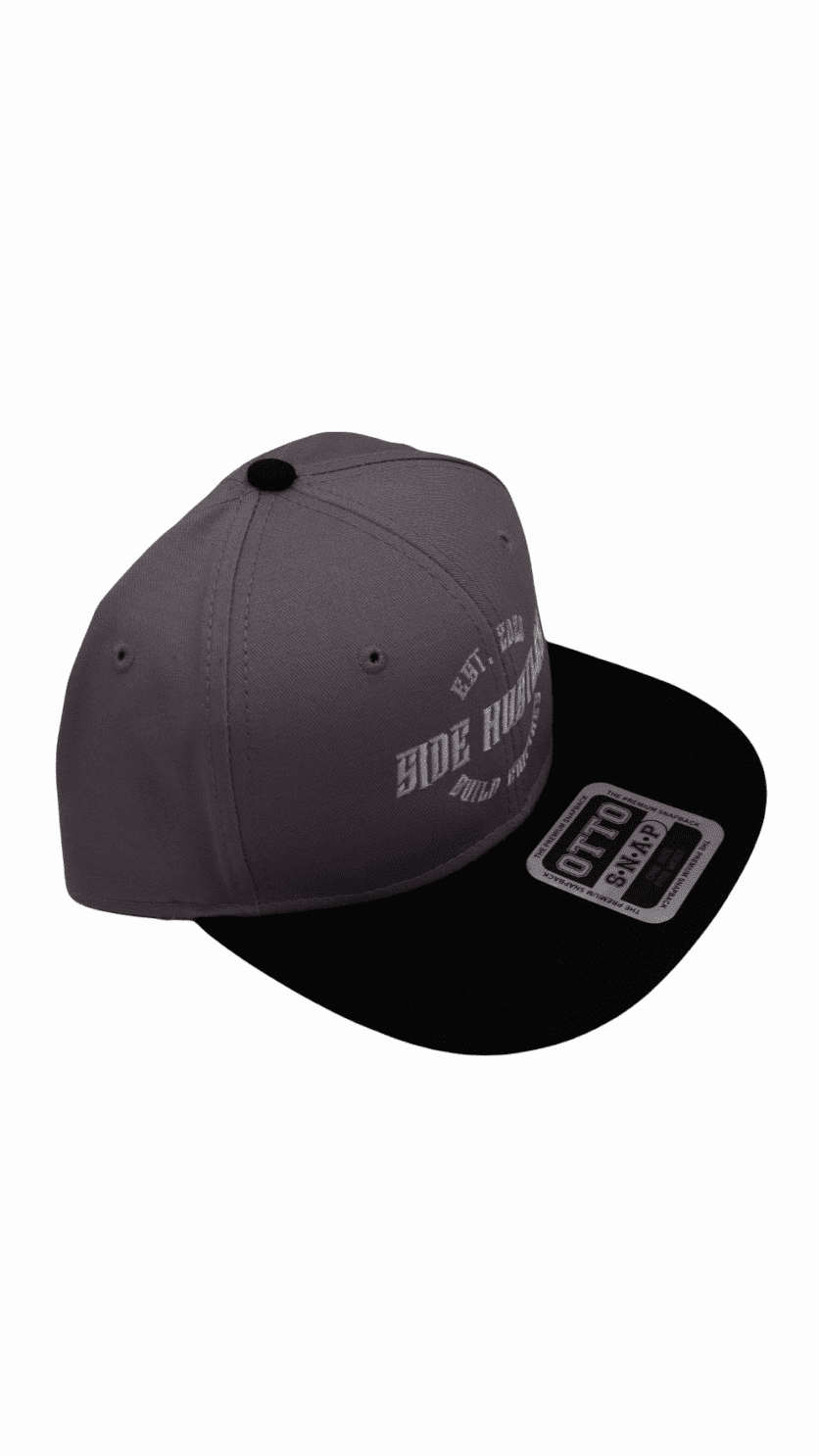 Premium Otto snapback hat with dark grey and black brim with side hustle embroidered design on front
