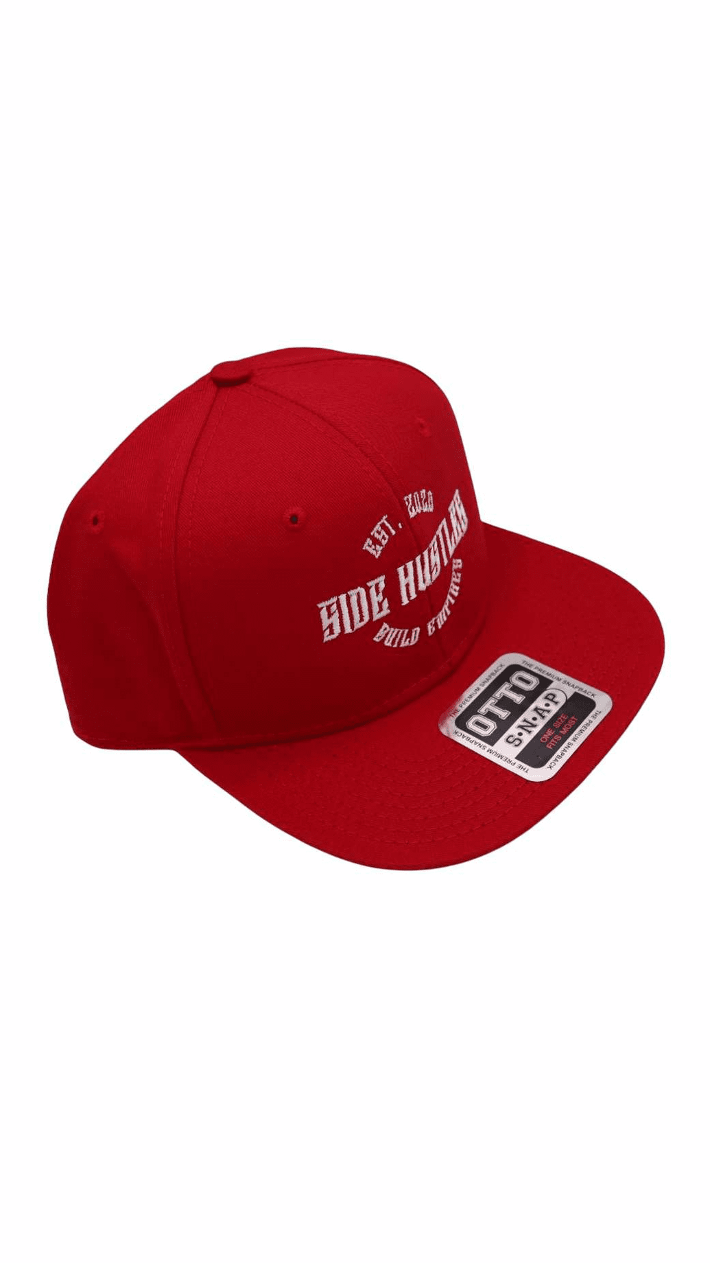 Premium all red Otto snapback hat with white side hustle embroidered design on front